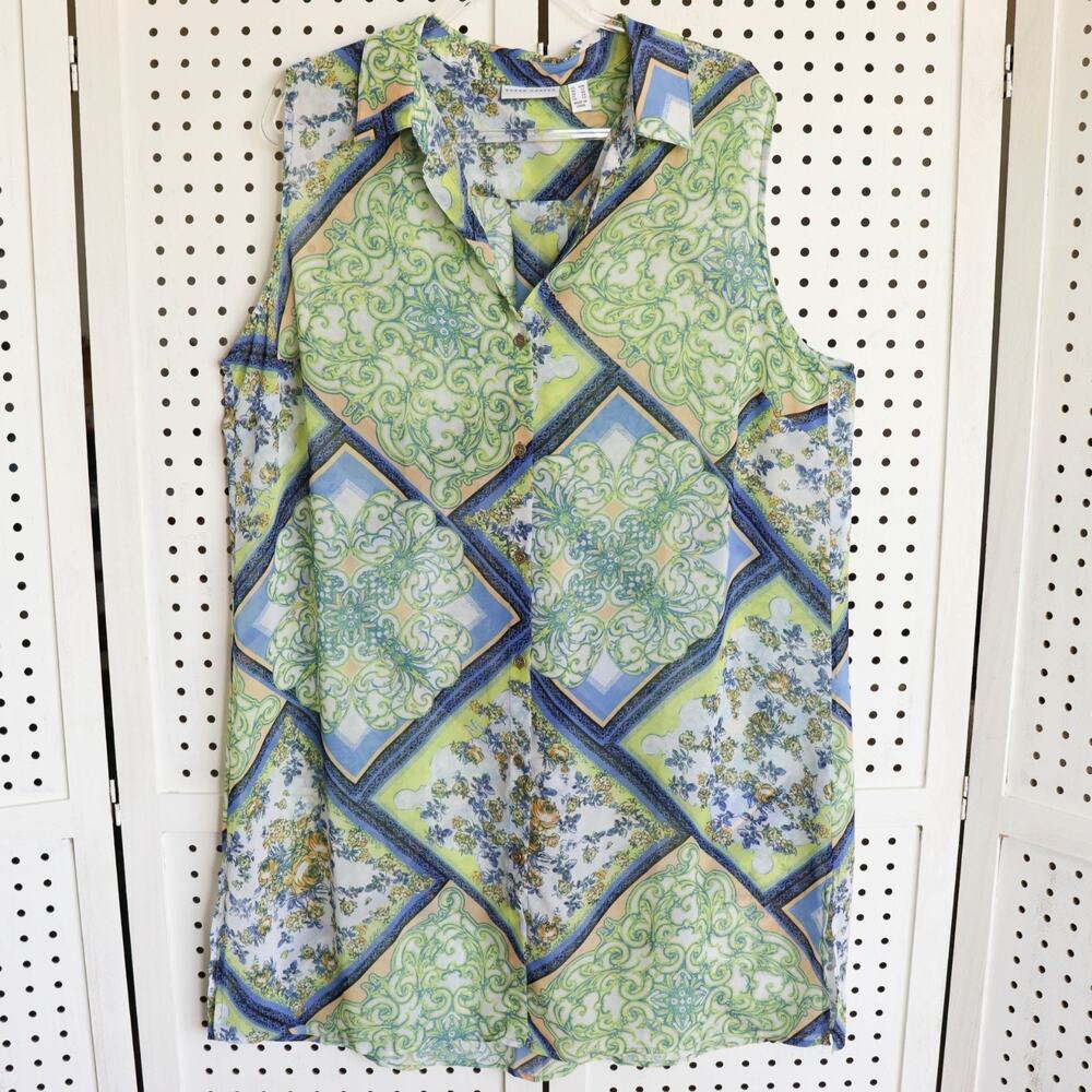 Susan Graver SIZE 18W Printed Sheer Chiffon Button Vest Green Blue A353359
